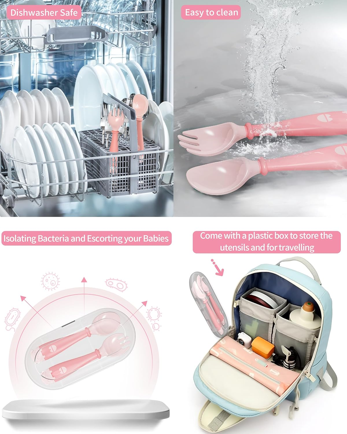 Deejoy Toddler Utensils with Travel Safe Case, Silicone Baby Spoons and Fork Set for Self Feeding, Toddlers Feeding Training Spoon, Easy Grip Heat-Resistant, Bendable Function (2 Sets, Green&Pink) - Pink image number 5