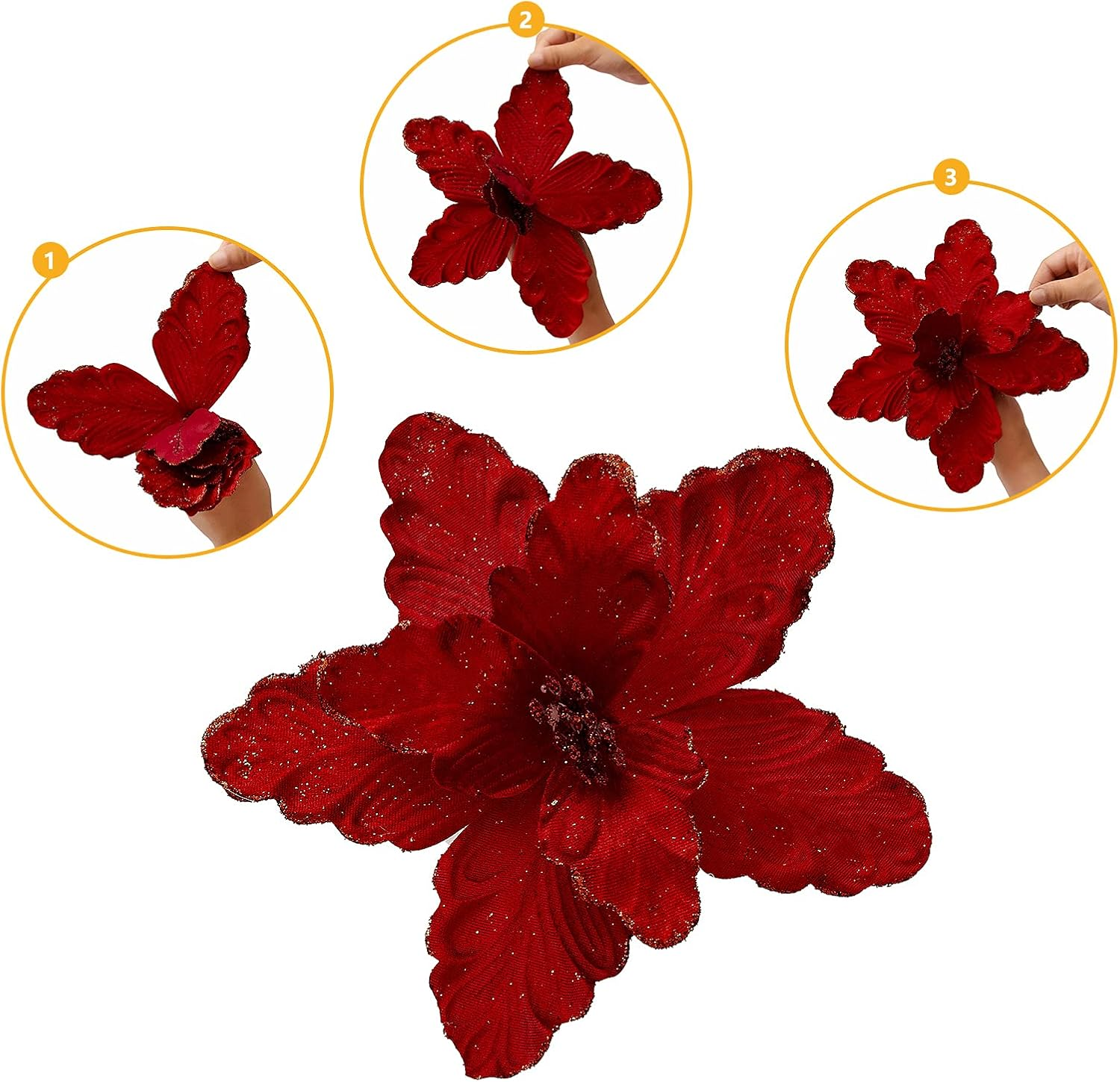 10 Pcs Large Poinsettias Christmas Tree Flower Glitter Silk Flower Picks Ornaments for Wreath Garland Wedding Decoration (Dark Red) - Brown image number 5