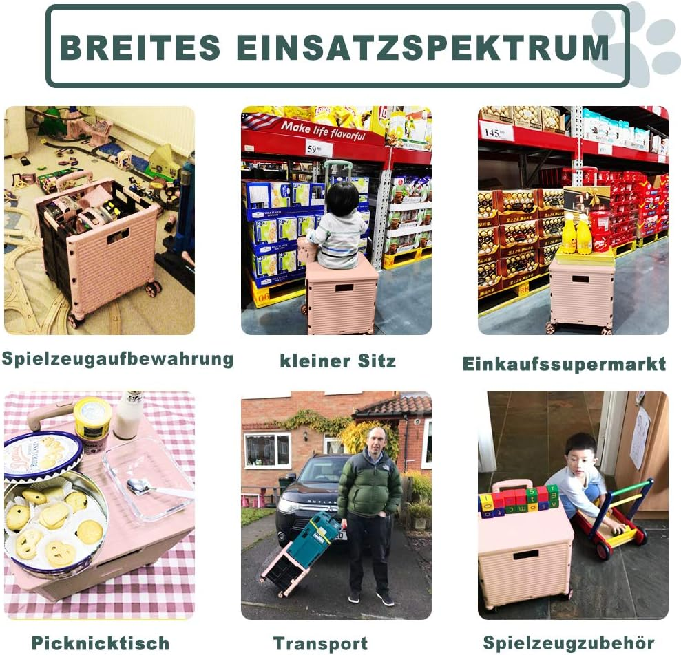 Foldable Utility Cart Folding Portable Rolling Crate Handcart Shopping Trolley Wheel Box with Lid Wear-Resistant Noiseless 360&deg;Rotate Wheel for Travel Shopping Moving Storage Office Use (Pink) image number 4