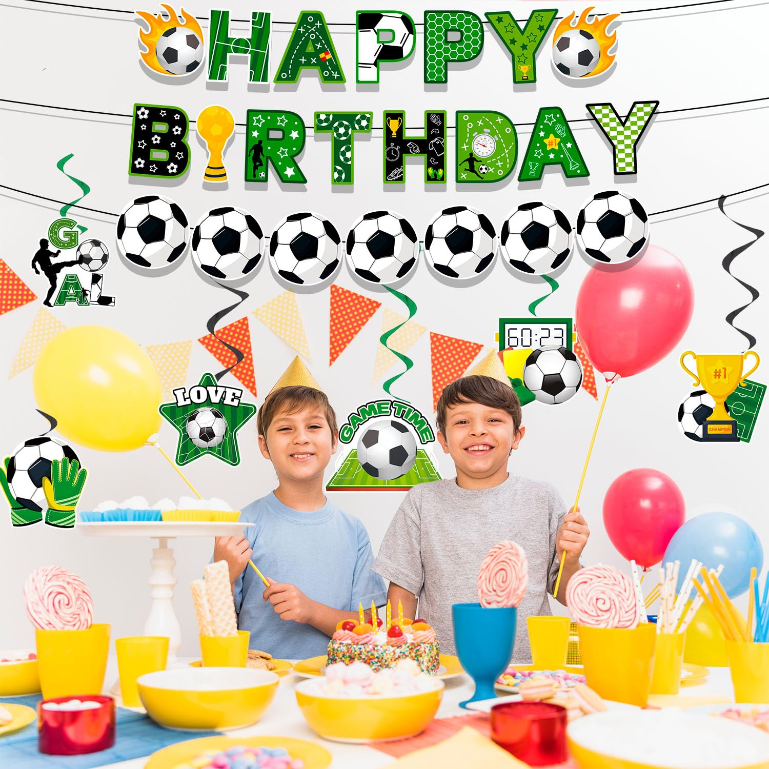 Soccer Hanging Swirl, 8 Pcs Soccer Birthday Party Decorations Set - Happy Birthday Football Banner, Football Themed Hanging Foil Swirls & Garland for Birthday Party Supplies image number 4