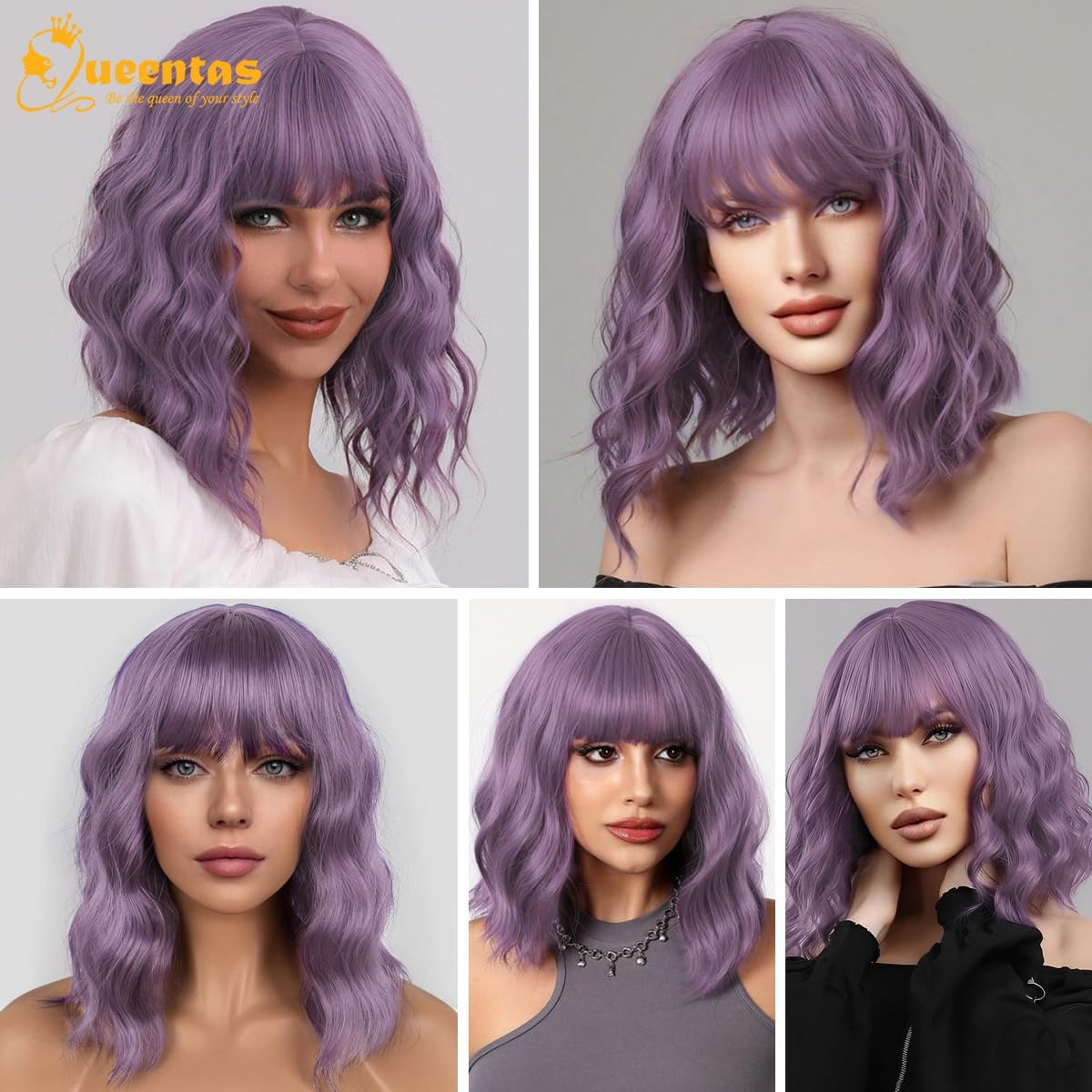 QUEENTAS Purple Wavy Bob Wigs for Women Shoulder Length with Bangs Short Curly Wig for Daily Use Cosplay Synthetic Hair Wig