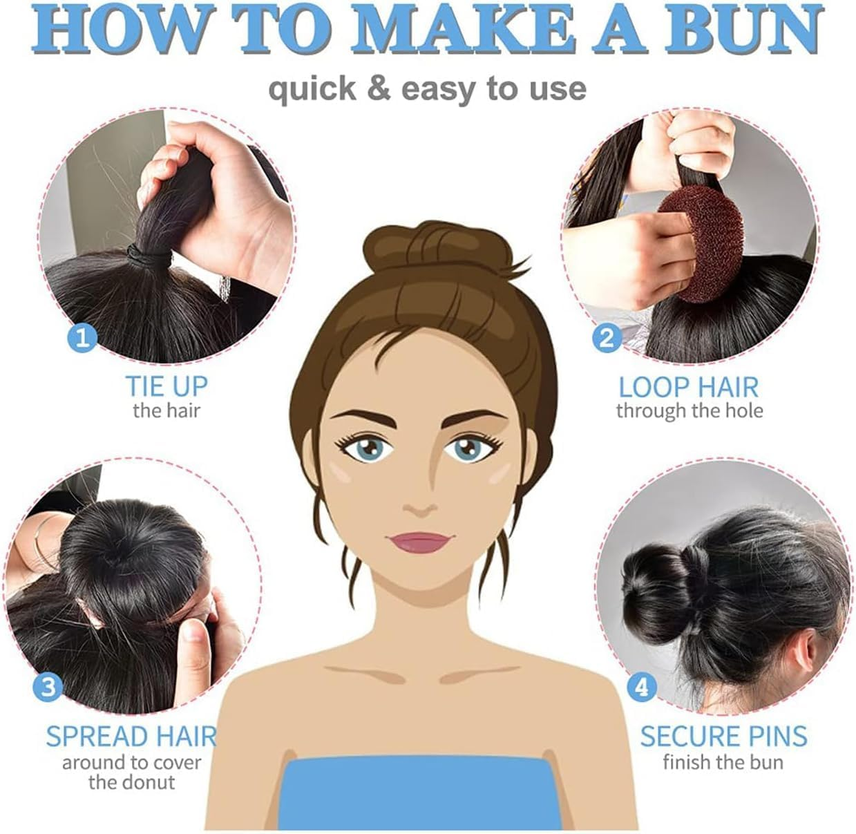 Donut Hair Bun Maker Set - 7 Pieces Ring Style Bun Makers with Elastic Bands & Hair Pins | Easy 5-Second Updos & Secure No-Slip Grip for Women, Teens, Kids | Perfect for School, Party, Wedding, Yoga image number 6