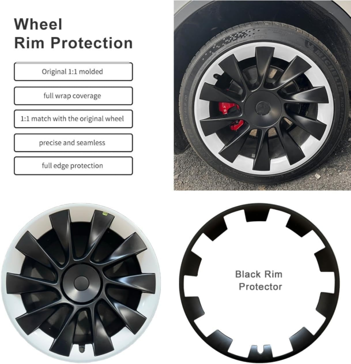 For Tesla Model Y 20 Inches Wheel Rim Protector Rim, 4 PCS ABS Rim Hubcaps Cover for Tesla Model Y 2017-2024, 20 Inch Wheel Rim Protection Accessories, Black image number 4