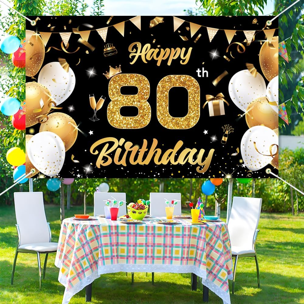 Black Gold Happy 80Th Birthday Banner Backdrop Kit with 12 Balloons,Cake Topper,1.8M X 1.15M Birthday Decorations for Parties,Photography-Premium Birthday Party Supplies for Men Women