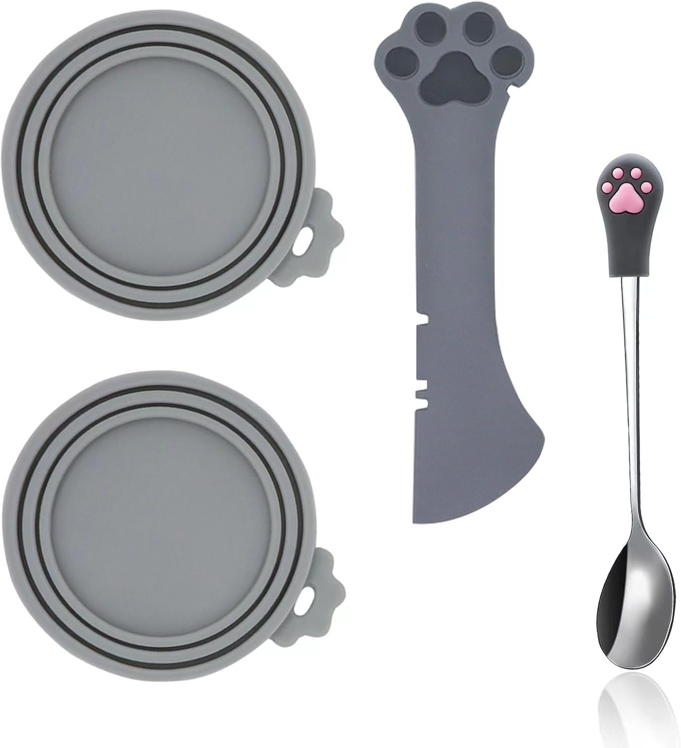 SJANE Cat Food Can Spoons & Can Lids | 4 Pcs | Colorful Multi-Function Cute Paw Shape Can Opener | Universal Silicone Pet Food Can Covers | Wet Food Spatula for Kittens and Dogs(Pink+Blue)