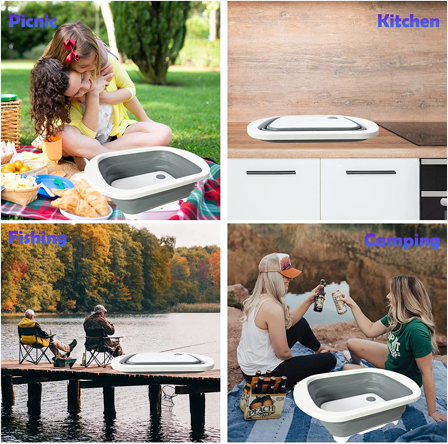 3-In-1 Multi-Function Collapsible Cutting Board with Colander -Foldable Washing Sink, Cutting Board and Camping Basket, Space-Saving Food Grade Sink Storage Basket with Suction Plug (Grey) image number 4
