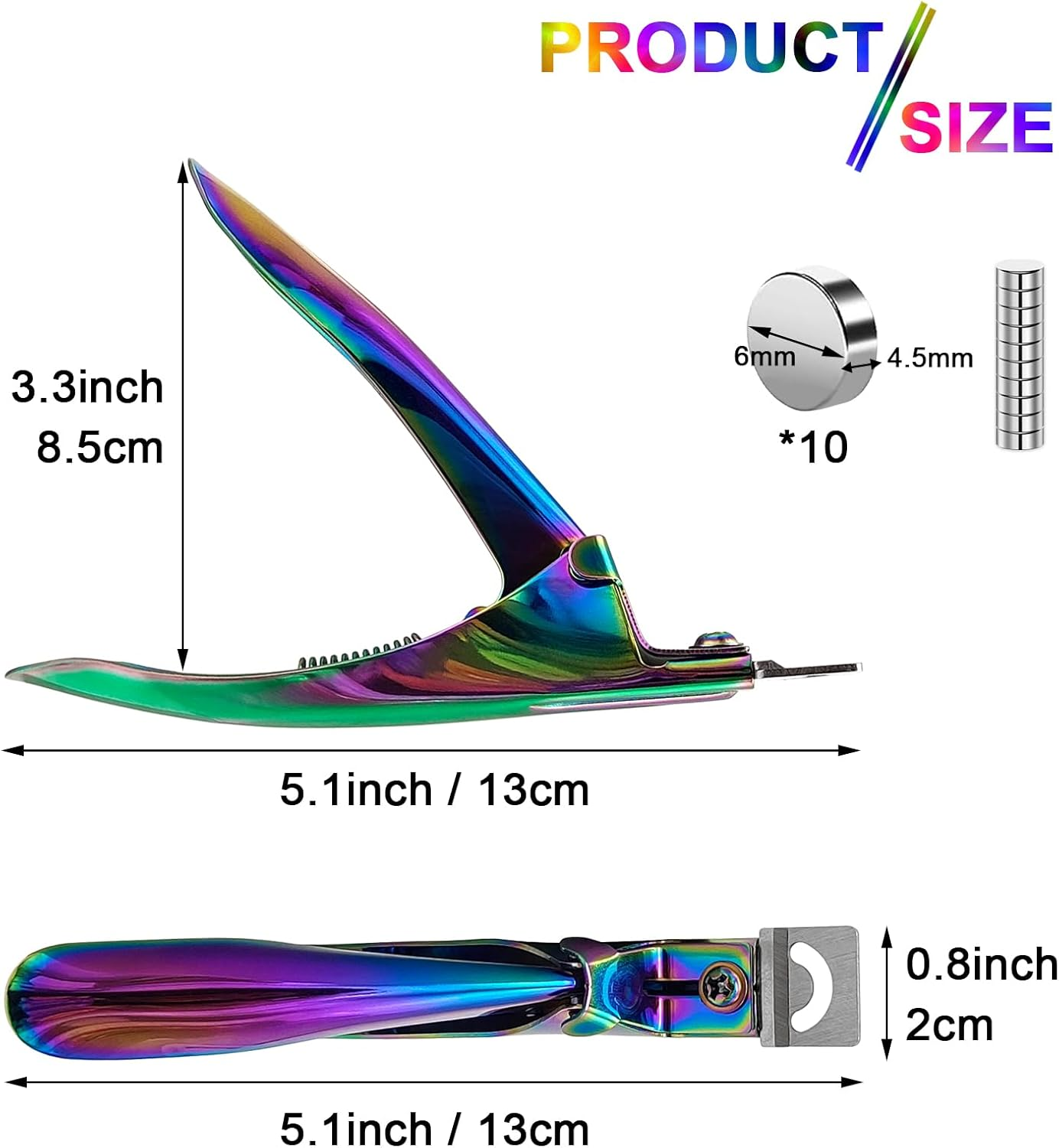 Acrylic Nail Cutter with Magnet Sizer & Length Measurement,Adjustable Stainless Nail Trimmer for Salon Home Nail Art, Professional Nail Clippers for Precise Manicures (Rainbow)