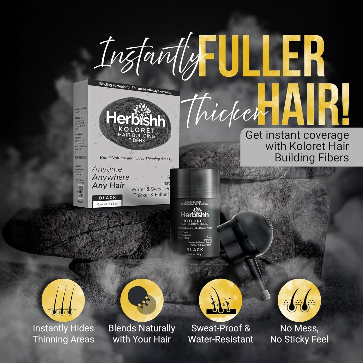 Herbishh Koloret Hair Building Fibers &ndash; Black Powder for Thinning Hair, Instant Bald Spot Cover up & Scalp Concealer &ndash; Sweat-Proof & Water-Resistant Hair Thickening Fibers for Men & Women, 12G image number 3