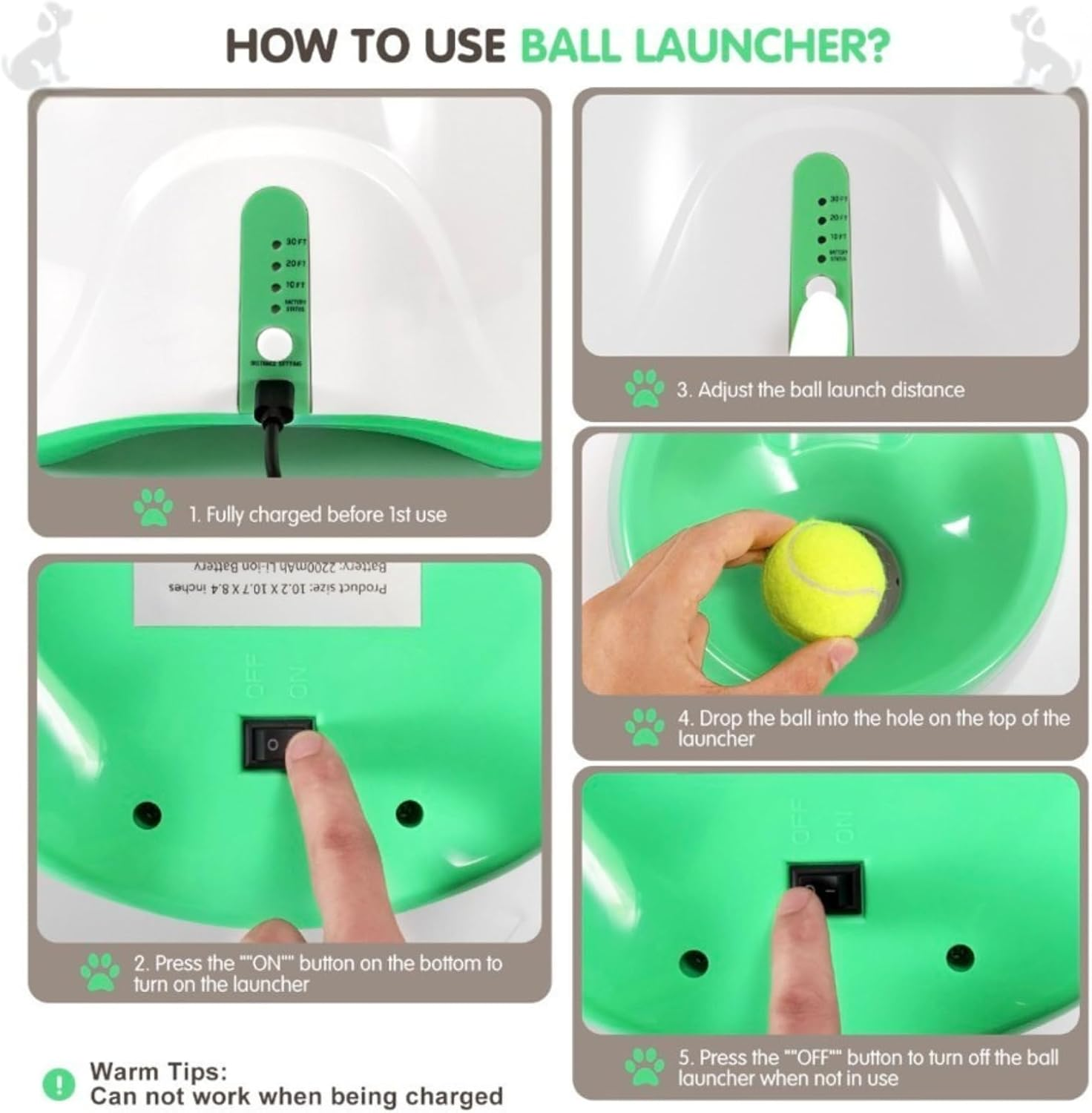 Automatic Dog Ball Launcher for Small & Large Dogs Adjustable Distance 10-30 FT & Rechargeable Fetch Machine Perfect Indoor & Outdoor Interactive Toy Green, Includes 6 Balls Pet Training image number 3