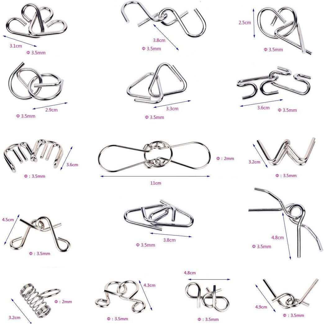 Ahyuan 16 Pieces IQ Test Mind Game Toys IQ Toys Brain Teaser Metal Wire Puzzles Magic Trick Toy Metal IQ Puzzle for Kids and Adults (Silver)