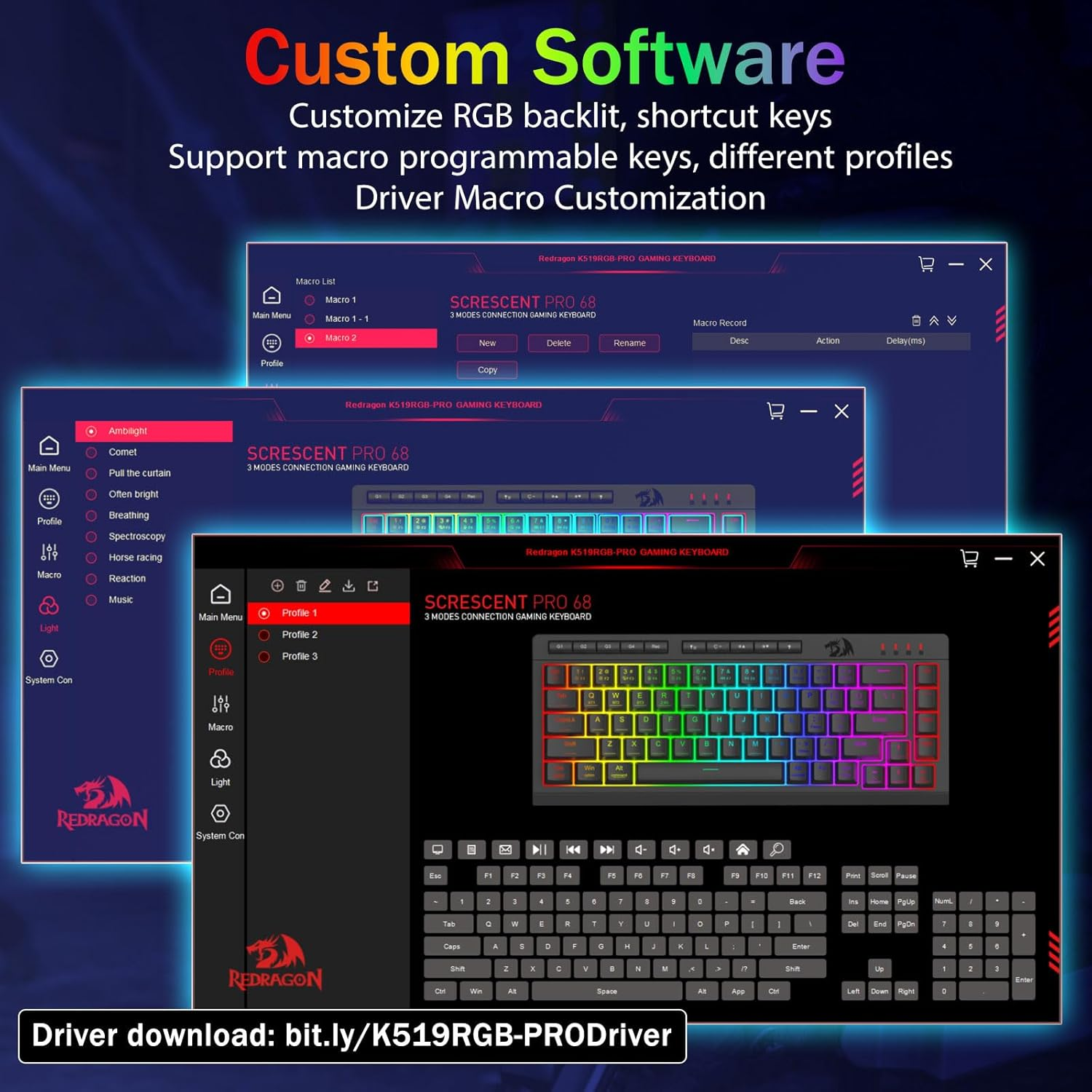 Redragon Portable Wireless Gaming Keyboard, Extra On-Board Macro Keys, Bluetooth/2.4Ghz/Usb-C, RGB Backlit, Anti-Ghosting, Rechargeable, Software Support, 60% Quiet Membrane Keyboard image number 3