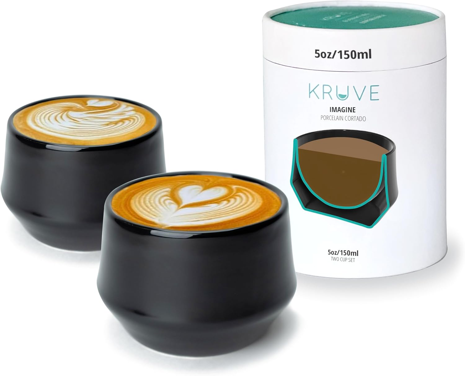 KRUVE Imagine Porcelain Latte Mugs, Set of Two Glass Mugs, Thermal Spherical Design, 5 Oz, Insulated Coffee Cups for Heat Retention