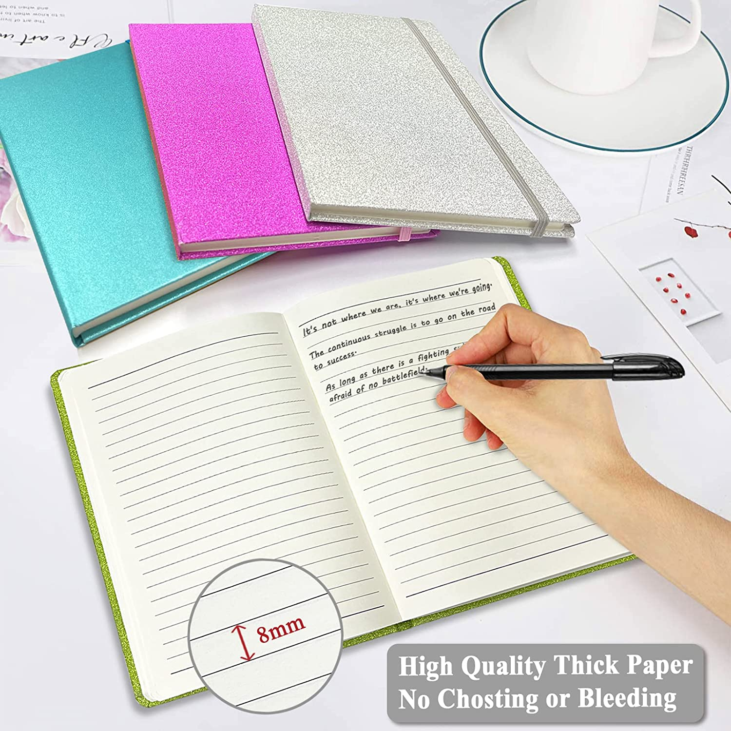 Green Glitter A5 Notebook, 8.3X5.7 Inches 160 Lined Pages Glitter Never Peel off Sparkle Writing Journal for Girls Ruled Hardcover Notebook for Teen Women Work Office Gifts image number 3