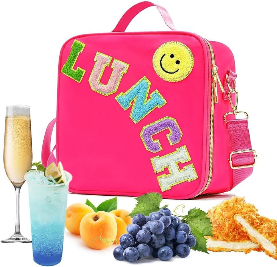 Insulated Lunch Bag Women Lunch Box Kids for Teen Girls Boys, Cute Preppy Lunch Boxes with Adjustable Shoulder Strap, Waterproof Nylon Lunchbox Lunch Bags for School Work Picnic