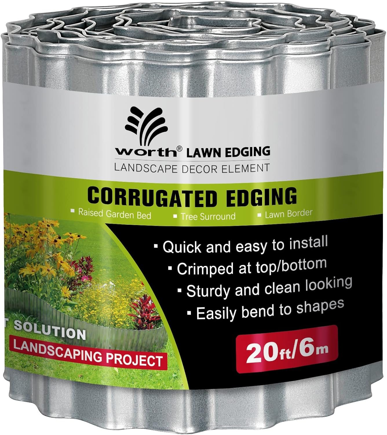 Worth Garden Wide-Corrugated Galvanized Steel Landscape Lawn Edging - H16Cm X L600Cm Flexible Sturdy Garden Long Strips of Metal Edging for Raised Flower Bed Tree Surrounds image number 2