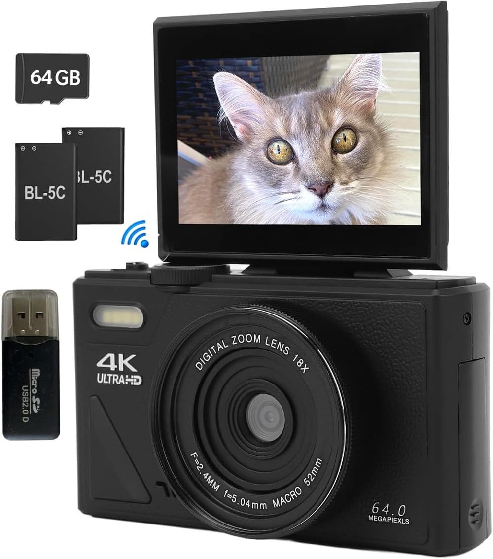 Digital Camera for Photography, 4K 5K Vlogging Cameras Youtube 3" 180&deg; 64MP Flip Screen 18X Digital Zoom Compact Tiktok Camera 64GB TF Card 2 Batteries, USB (Black)