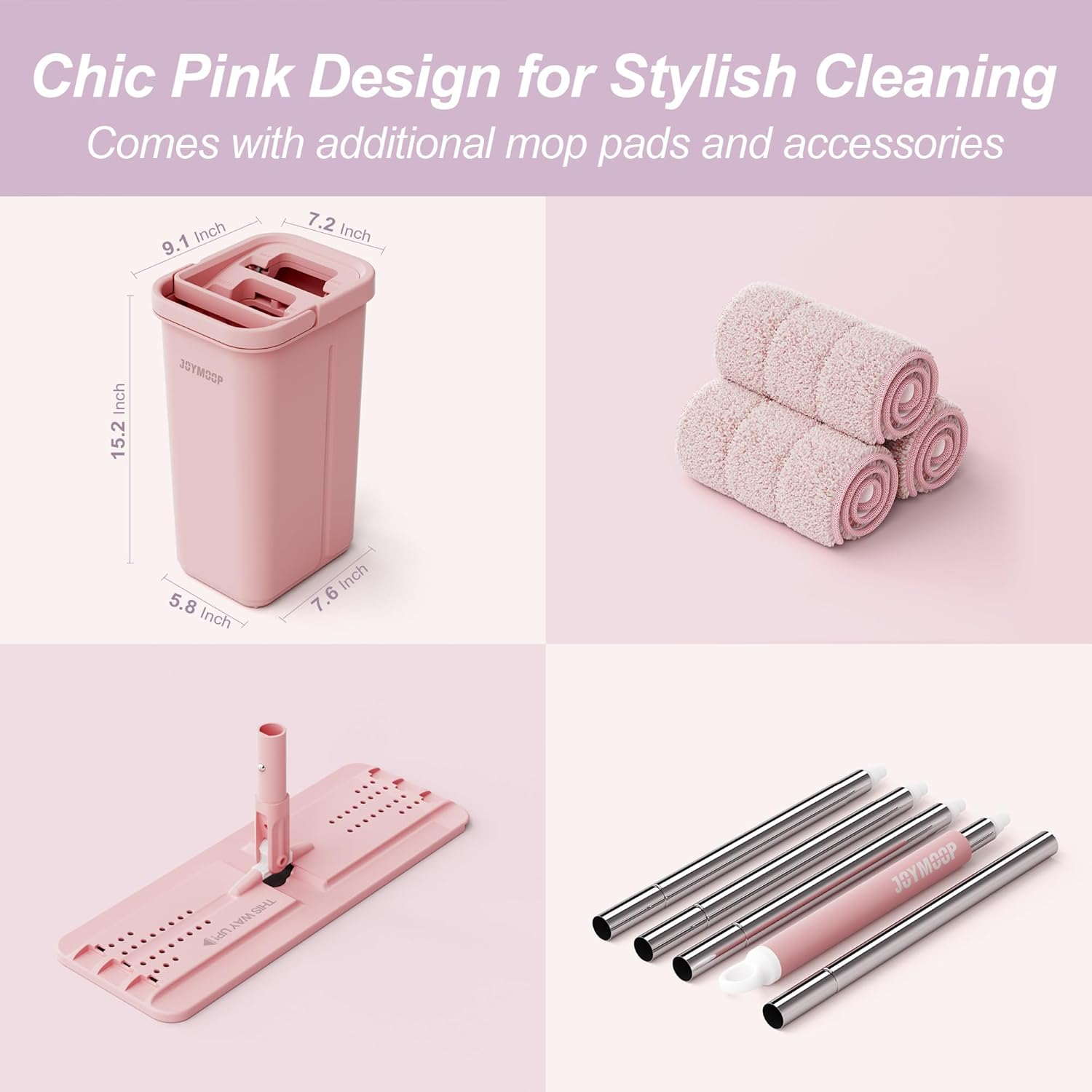 JOYMOOP Pink Mop and Bucket with Wringer Set for Home, with 3 Reusable Microfiber Mop Pads, Hands-Free Self-Cleaning System, Suitable for Floor Cleaning and Wall Cleaner image number 2