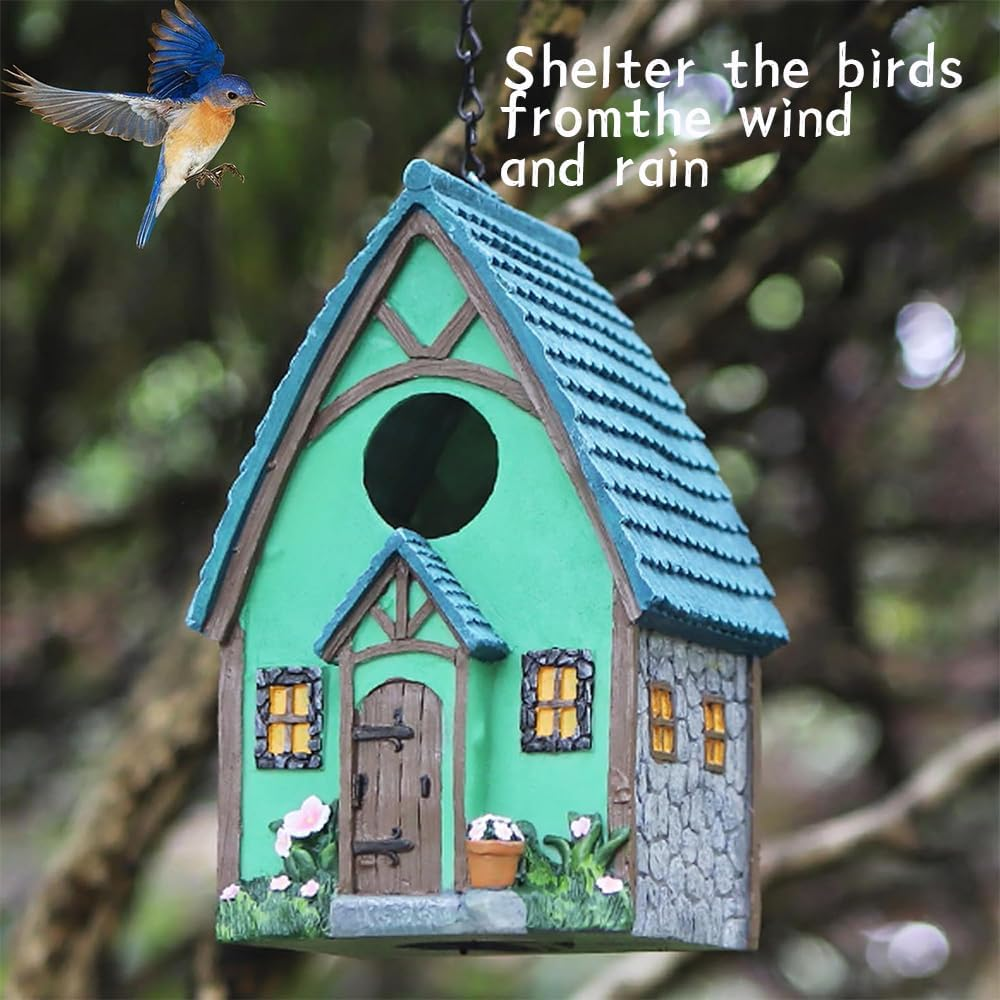 Outdoor Birdhouse, Hanging Natural Bird Nest, Resting Place, Resin Colorful Bird Nest Box with Hanging Chain, for Outdoor Garden Backyard Decoration, Birdhouse for Wrens, Finches, Cardinals image number 4