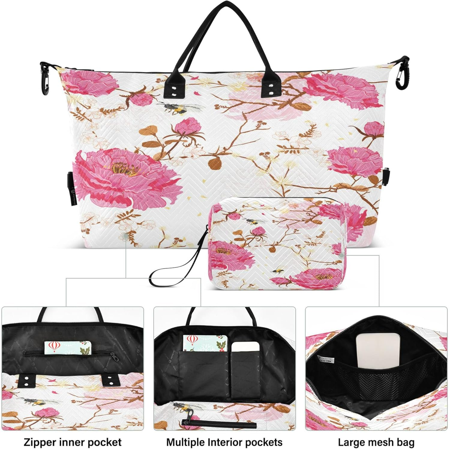 Luggage Travel Bag Gym Bag Weekender Overnight Bag with Adjustable Strap for Workout Waterproof Oriental Soft Gentle Bloom Flower Bee Happy Good Luck, Multi, 1 Size, Modern/Fitted, Multi, 1 Size, image number 5