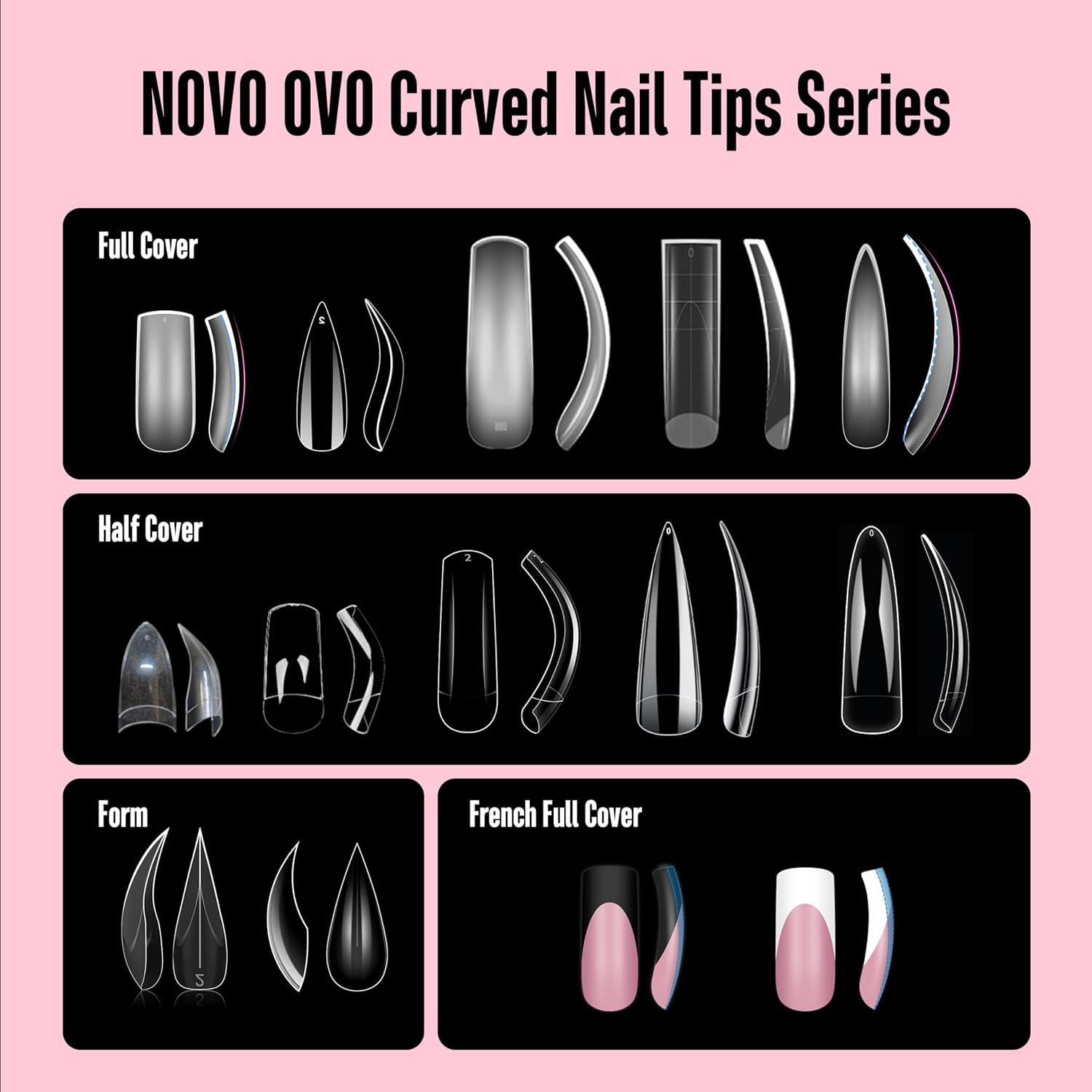 NOVO OVO Halloween XXL Curved Stiletto Almond French Tip Nail Tips, Soft Gel Extra Thick Long Acrylic Hawk Curve Fake Extension, Need Builder Gel & Top Coat, Full Cover Press on DIY 12 Sizes 240 Pcs - Short Duck Nails With Moon Curve_Eu image number 7