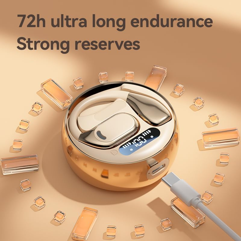 Wireless Earbuds, Bluetooth 5.4 Earphones, Open-Ear Headphones, Hi-Fi Stereo Deep Bass, Sweatproof Sports Ear-Hook Design, Secure Fit for Running, Gym, Work, 72H Playtime, LED Power Display (Skin)