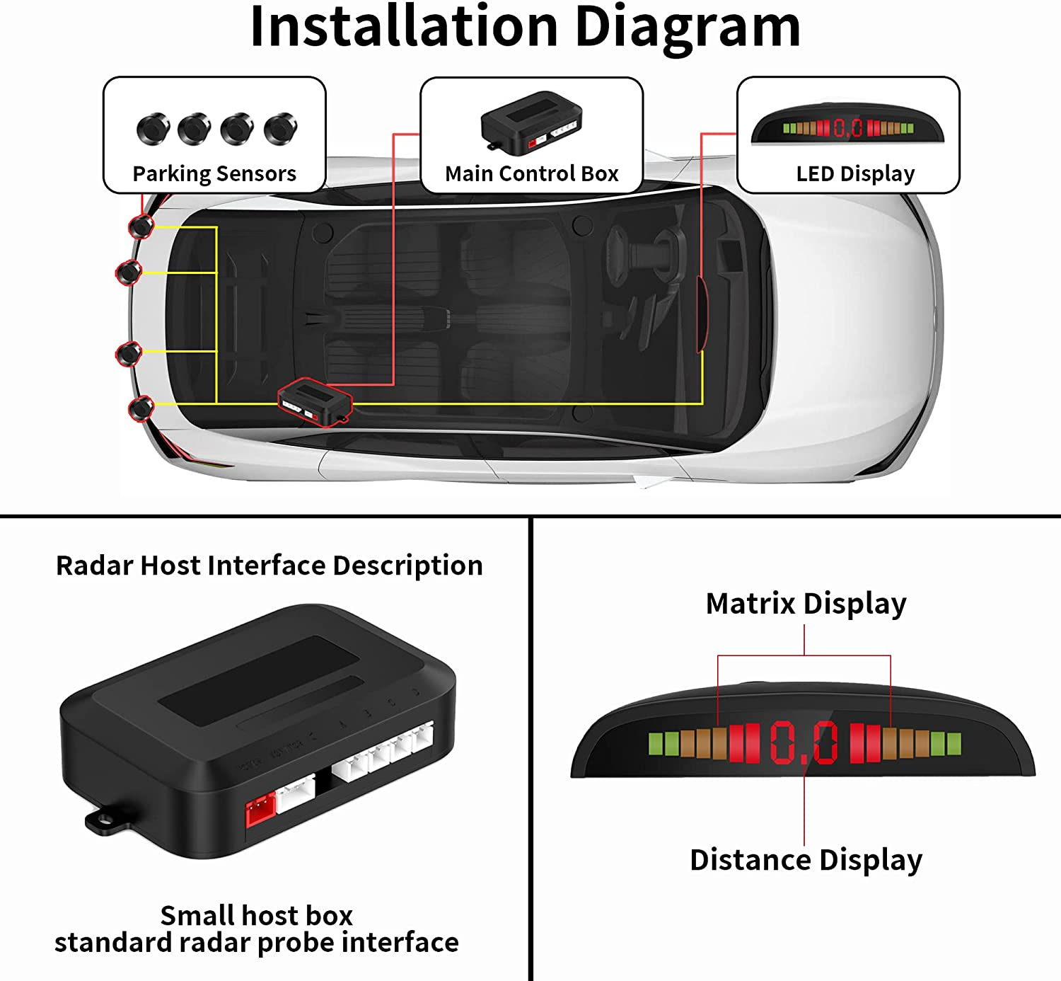 Car Auto Vehicle Visual Backup Radar System with 4 Parking Sensors + Distance Info Video Output + Sound Warning ｡ｭ