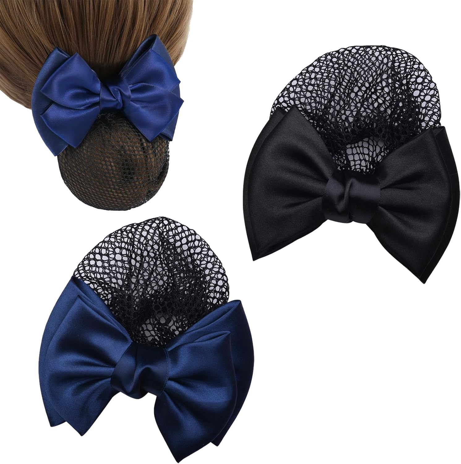 Pack of 2 Hair Bun Bowknot Hair Clip Hair Net Bun Bowknot Hair Net Elastic Mesh Hair Clip Bun Cover Bow Hair Net for Nurse Bench Worker Air Stewardess image number 2