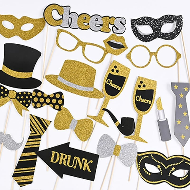 30 Pieces Black Golden Photo Booth Props for Birthday Wedding New Year Party,Mix of Hats, Mask, Lipstick, Tie, Crowns and More Funny Selfie Props