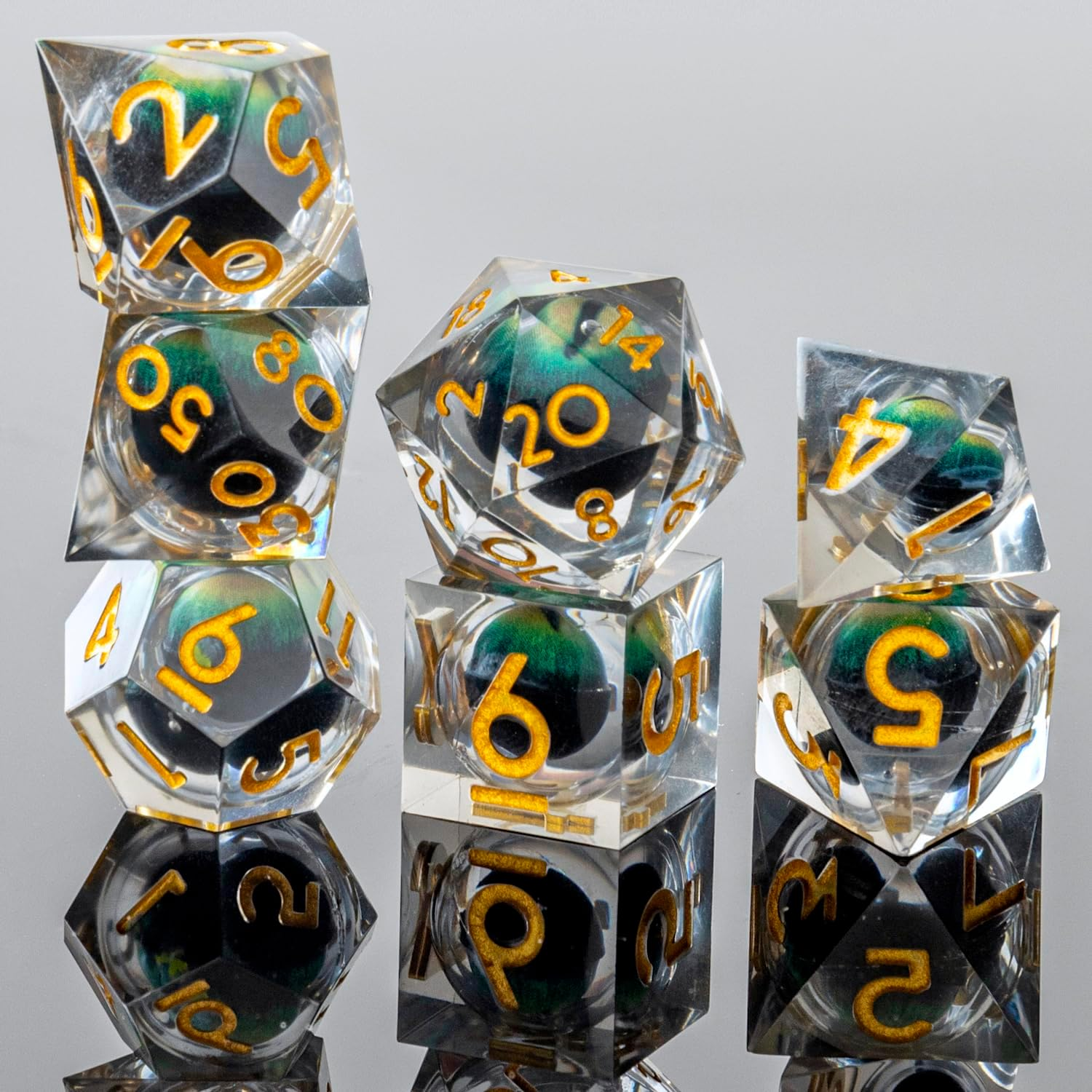 Beholder'S Dragon Eye DND Dice Set,Sharp Edge Liquid Core Resin Handmade Dice with Gift Box 7 PCS for Role Playing Dungeons and Dragons Ttrpg(Dark Green Dargon Eye) image number 3