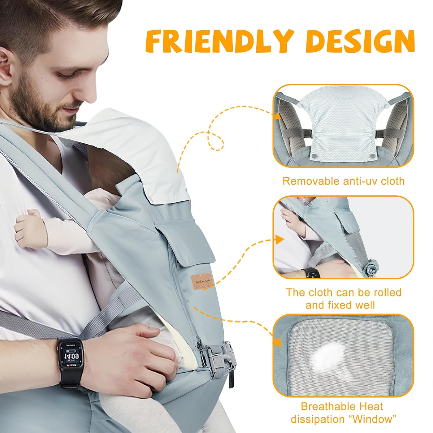Baby Carrier, Timkos Baby Wrap Carrier 3-In-1 Baby Carrier with Hip Seat, Breathable Baby Sling Wrap Swaddle with Removable Anti-Uv Cloth (For 0-36 Months Newborn) image number 5