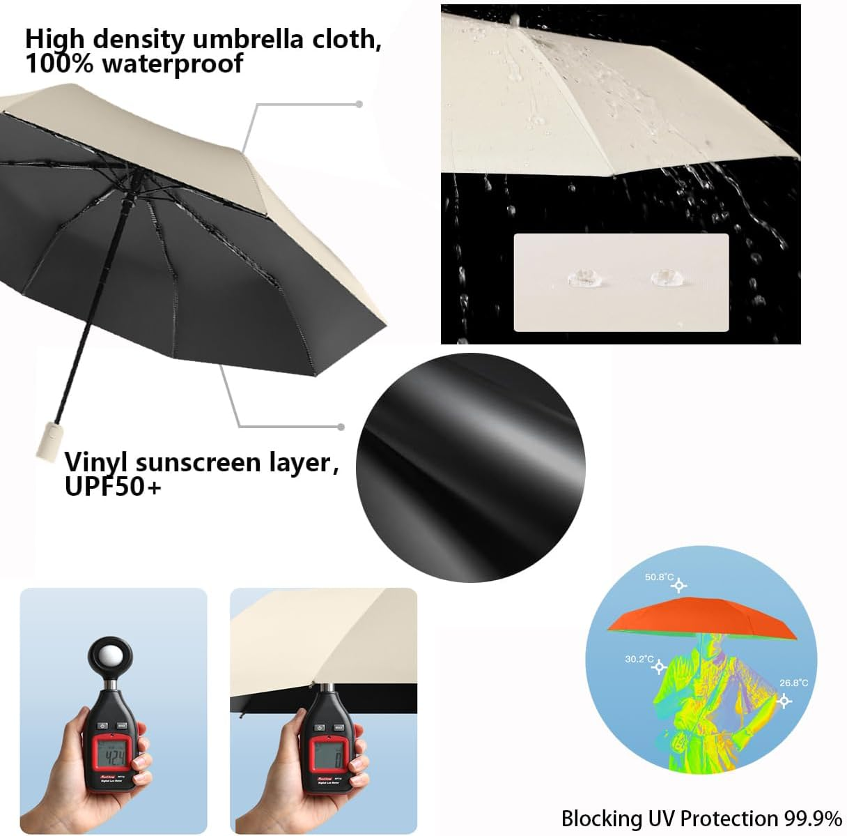 Travel Folding Umbrella Coating Layer Fabric Blocking/Portable Golf/Car Compact Umbrella/Lightweight Small Backpack/Rain Sun Automatic Open/Close anti UPF 50 UV Protection 99.9% /Men Women Kids - Beige image number 2