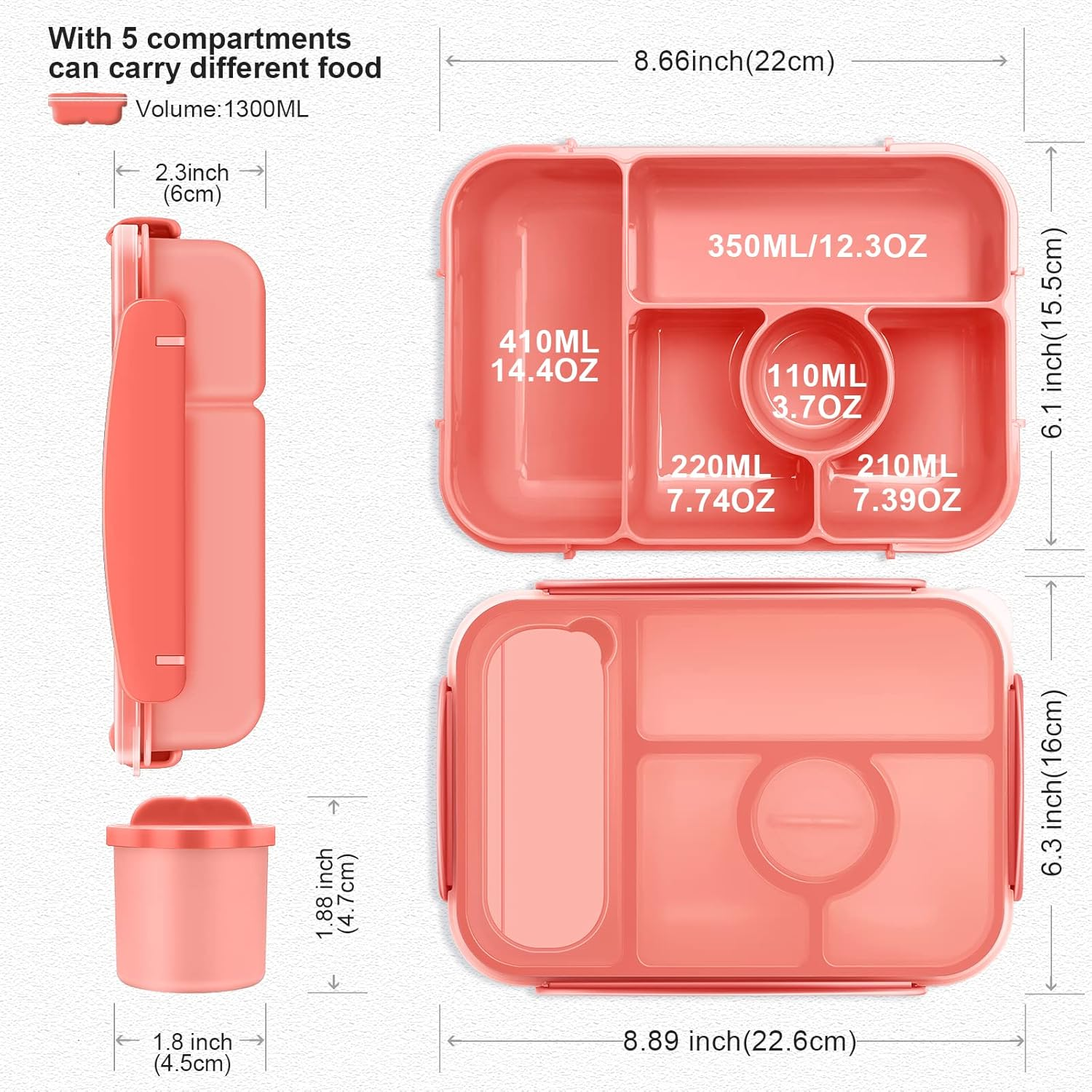 Bento Lunch Box Kids,Leakproof Lunch Containers for Adults/Kids/Toddler,5 Compartments Bento Box with Sauce Vontainers,Microwave & Dishwasher & Freezer Safe,Bpa-Free (Pink) image number 3