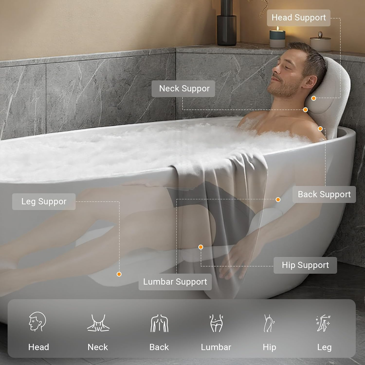 COZI Ergonomic Full Body Bath Pillow for Bathtub, Luxury Tub Pillow for Bath for Headrest Neck and Back Support,130Cm White Long Body Pillow with Mesh Washing Bag and Non-Slip Suction Cups image number 3