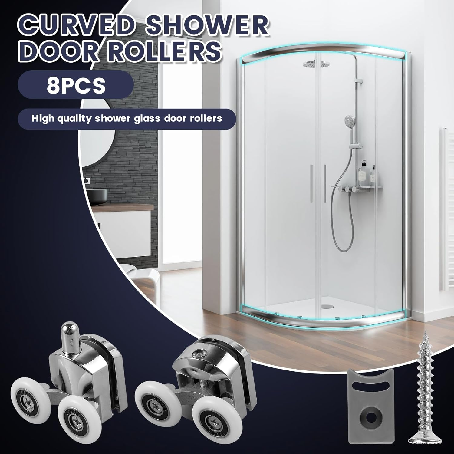 8Pcs Curved Shower Door Rollers 23Mm Aluminum Alloy Top and Bottom Shower Wheel Quiet Shower Door Pulley Replacement with Anti-Collision Pad and Screws for 4-6Mm Glass Door image number 4