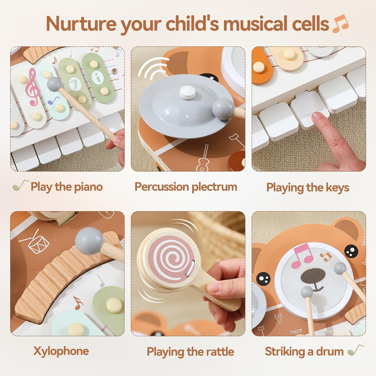 Wooden Musical Instruments for Toddlers 1-3, Percussion Instruments for Kids Baby Drum Set Xylophone, Montessori Educational Musical Toys, Gifts for Girls Boys image number 3
