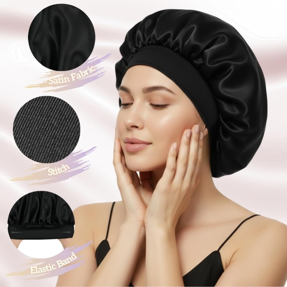 Black Silk Bonnet for Women Curly Hair Cover Satin Bonnets for Sleeping Large Satin Sleep Cap Head Cover Wide Band Silk Night Hats image number 3