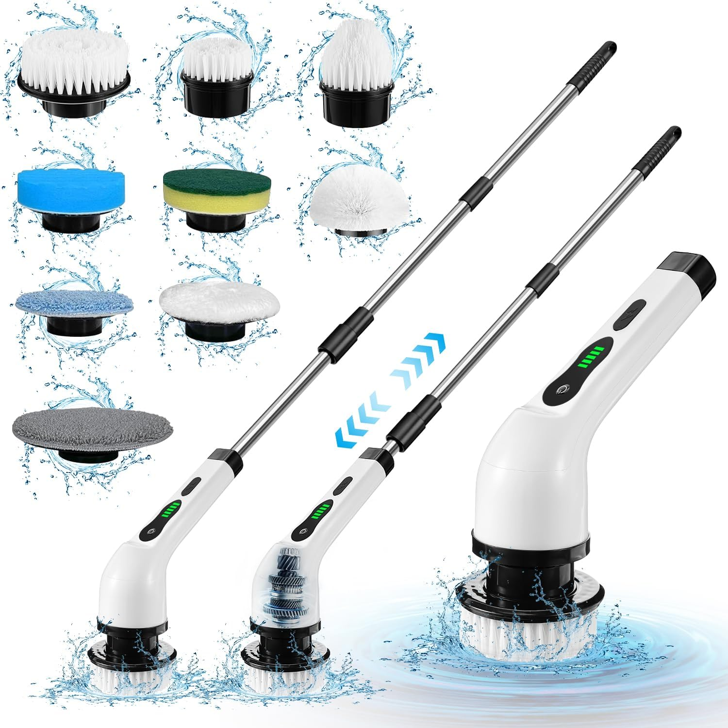 Necomi Electric Rotary Scrubber,Adjustable Handle Long Handle Electric Cleaning Brush with 9 Replaceable Brush Heads,2 Adjustable Speeds,Rechargeable,Suitable for Bathroom, Kitchen, Tile,Car Cleaning
