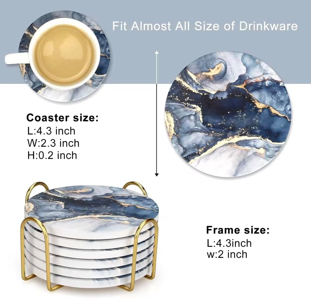 VERSACRAFT 6 Pcs Navy Blue Marble Abstract Ceramic Coasters with Holder image number 3