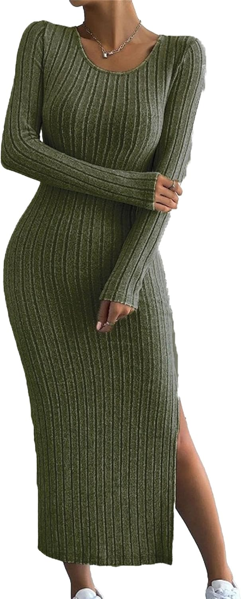 Women'S Long Sleeve Party Long Dress round Neck Split Thigh Rib Pullover Bodycon Solid Color Maternity Dresses