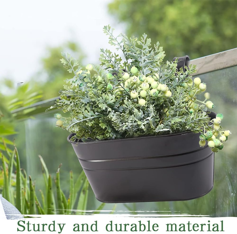 10 Pack Metal Iron Hanging Flower Pots,Oval Hanging Flower Pot,Removable Double Hooks,Balcony Hanging Flower Pots,For Porch,Railing,Balcony,Fence(Black) image number 3