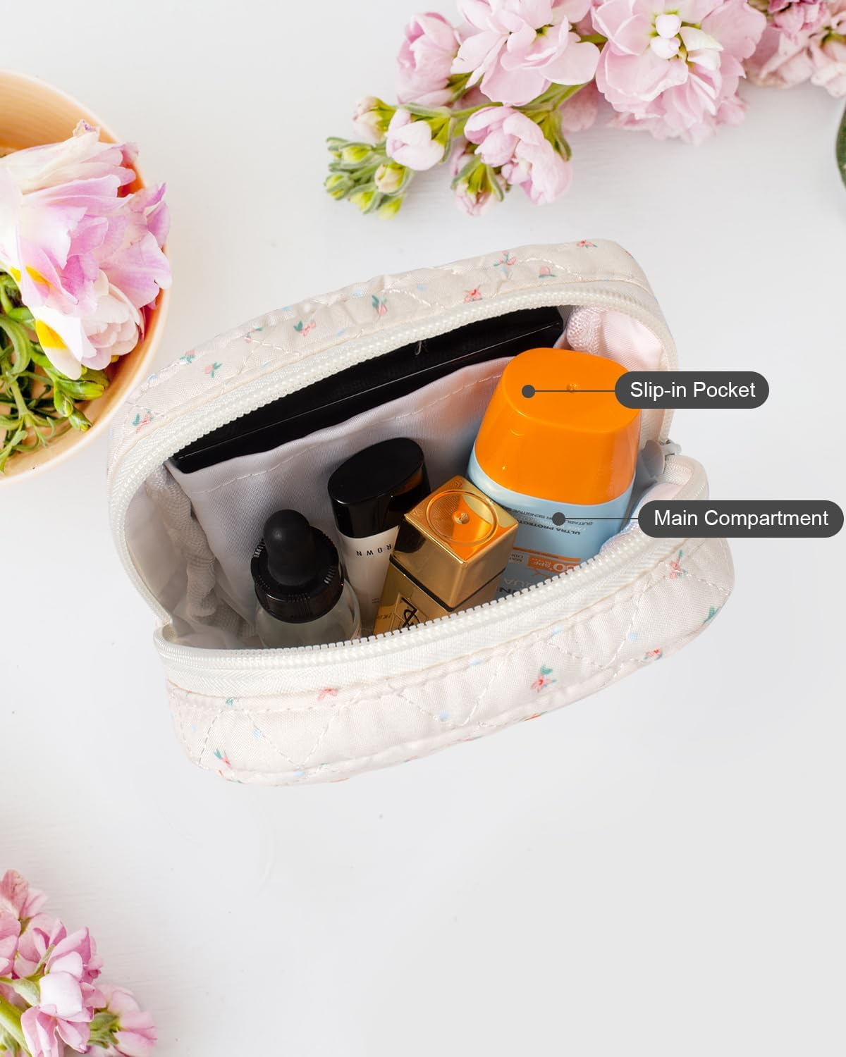 DDPOND Floral Makeup Bag, Small Cosmetic Bag for Women Girls, Cute Cotton Quilted Bag, Pink Floral - Brown Floral image number 3