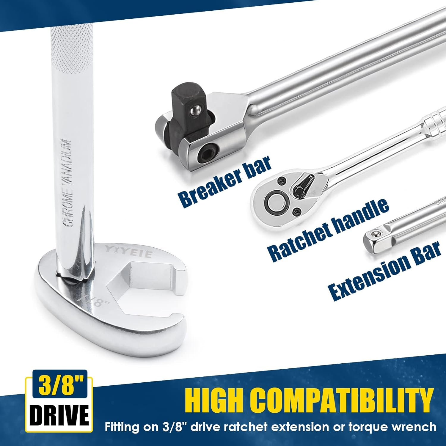 YIYEIE 3/8" Drive Crows Foot Wrench Set, 24PCS Flare Nut Crowfoot Wrench Set, Metric & SAE, 8-22Mm & 5/16"-7/8", CR-V Steel, Crows Feet Wrench Set with 2 Extension Bars, Line Wrench Set with EVA Foam image number 6