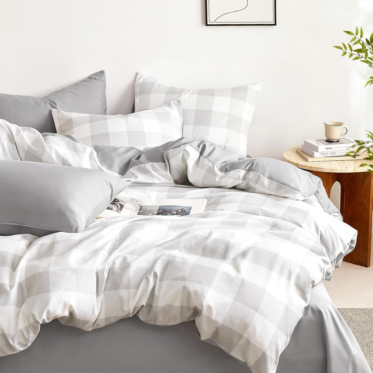 Wake in Cloud - Gingham Quilt Cover Set, Plaid Buffalo Checked Pattern Printed, 1000TC Ultra Soft Microfiber Doona Duvet Cover Bedding, 3 Pieces, Light Grey White, Queen Size image number 2