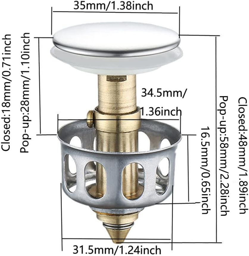 Sagasave Wash Basin Bounce Drain Filter Stainless Steel Push-Type Bounce Pop up Bathroom Sink Drain Plug for Washbasin Bathroom Sink image number 3