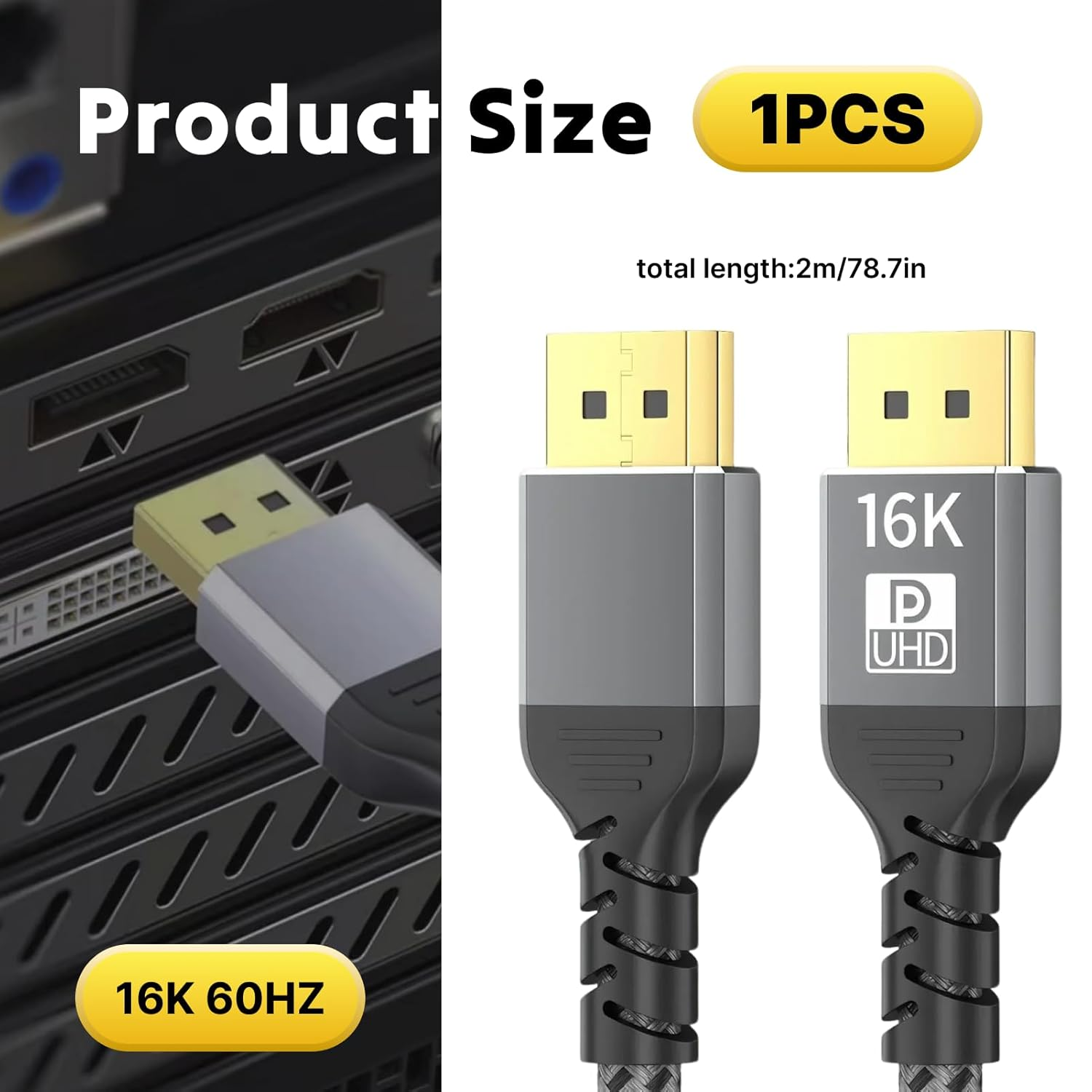 Displayport 2.1 Cable 2M 16K@60Hz, 8K@240Hz, 4K@240Hz, 80Gbps High Speed DP Cable with Freesync G-Sync Compatibility, HDR, HDCP, DSC 1.2A, Perfect for Gaming Monitors and High-Resolution Displays image number 5