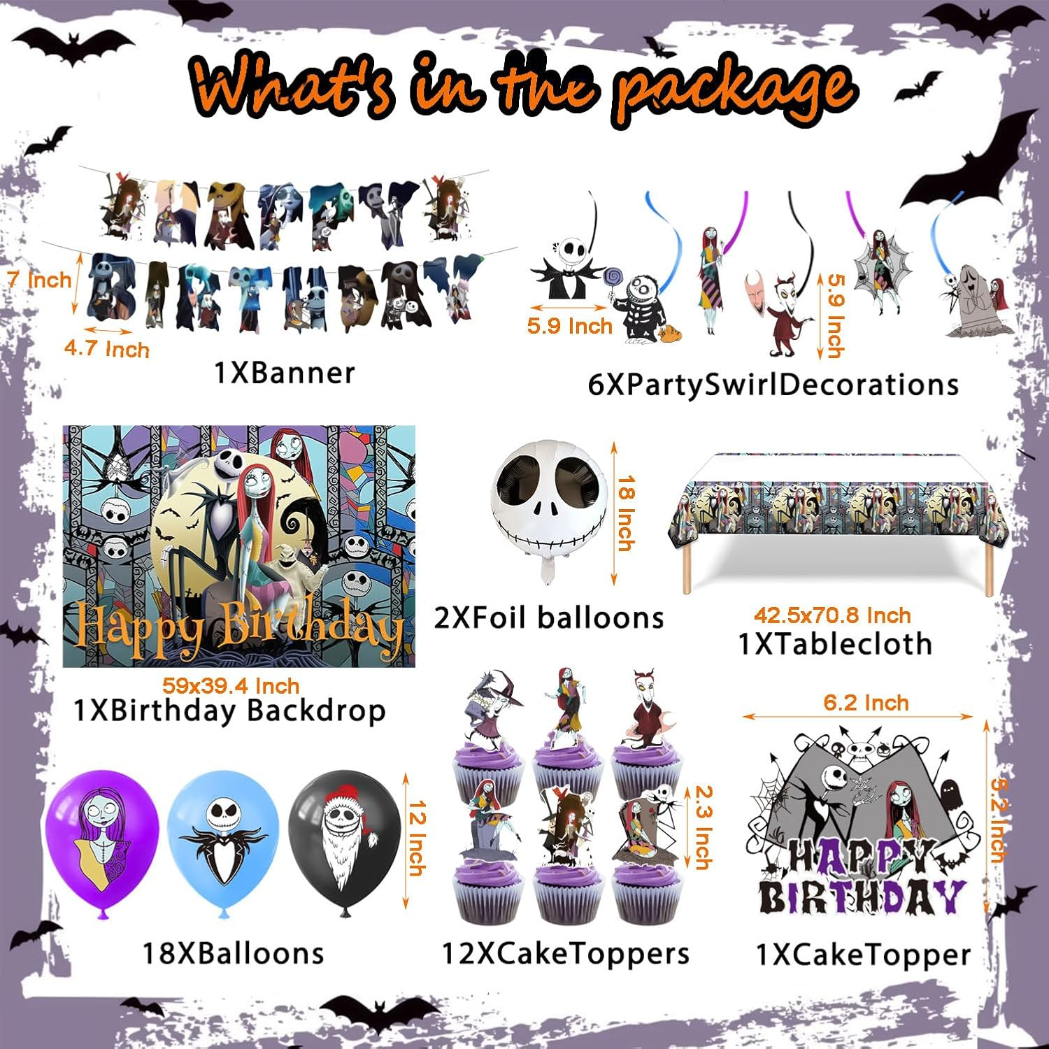 Birthday Decorations, Nightmare Christmas Party Supplies Halloween Birthday Party Decorations Set Includes Banner Balloons Tablecloth Backdrop Hanging Swirls Cake Toppers (42PCS) image number 2