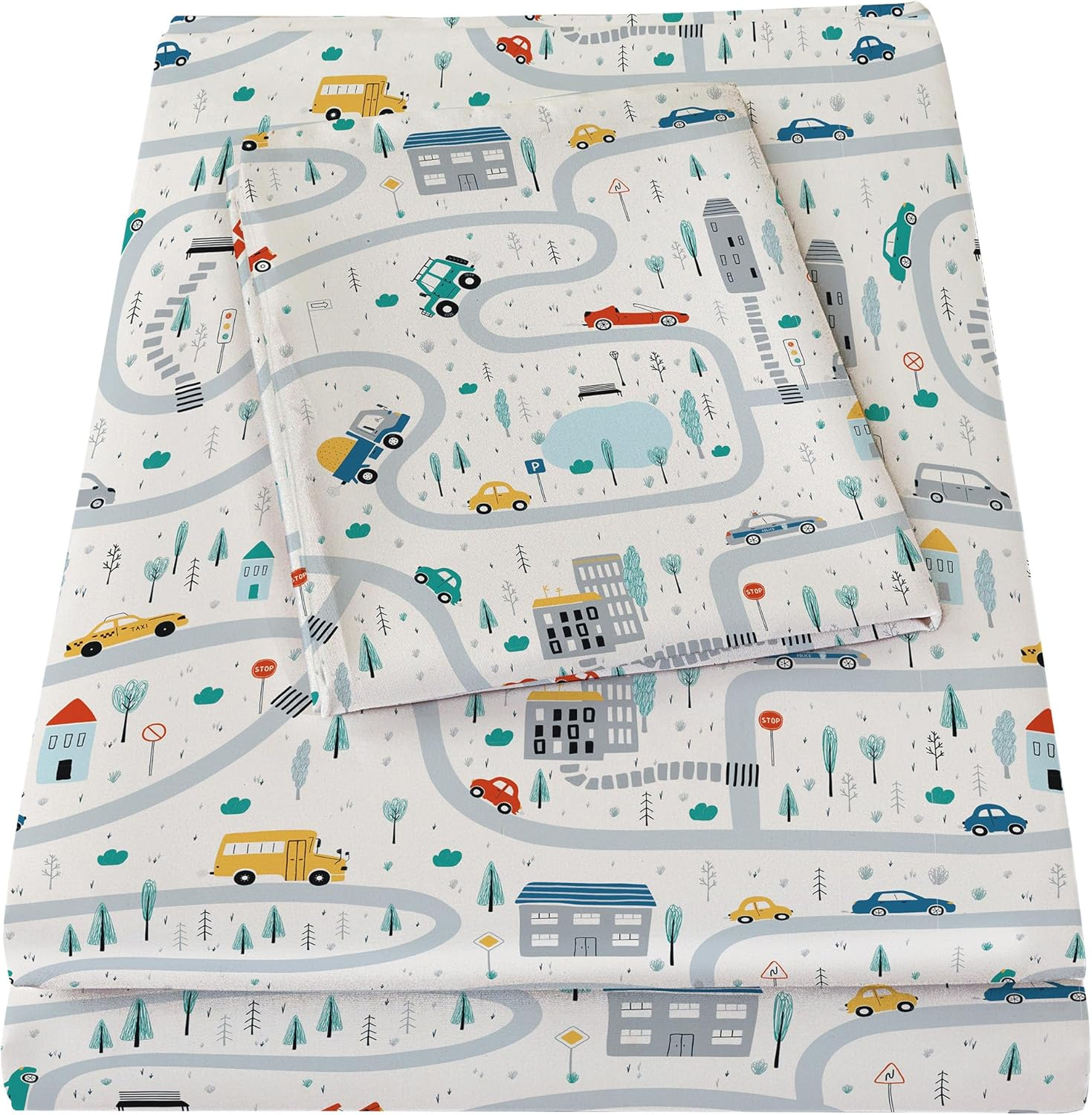 Bedmoon Boys Twin Sheets, Kids Car Truck Soft Microfiber Twin Sheets & Pillowcases with Elastic Corner Straps, White