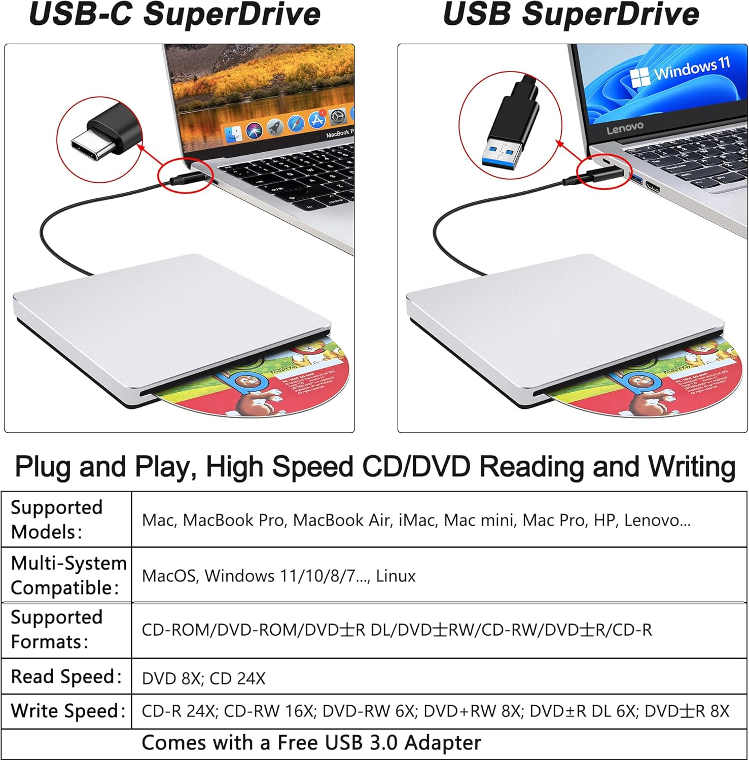 NOLYTH External CD DVD Drive: Plug & Play for Laptop Mac Macbook PC Windows - Portable High-Transfer USB C Burner for Music/Movie/Data Backup - Slot-In Aluminum with USB 3.0 Adapter(Silver) image number 5