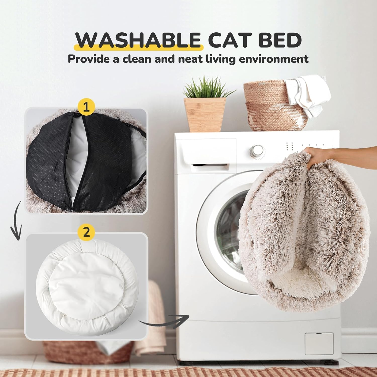 Cat Bed for Indoor Cats, Calming Cozy Cave with Self-Warming Plush, Entire Bed Machine Washable & Anti-Slip Base, Breathable Pet Bed for Small Cats&Dogs All Seasons (Coffee, 50Cm) image number 6