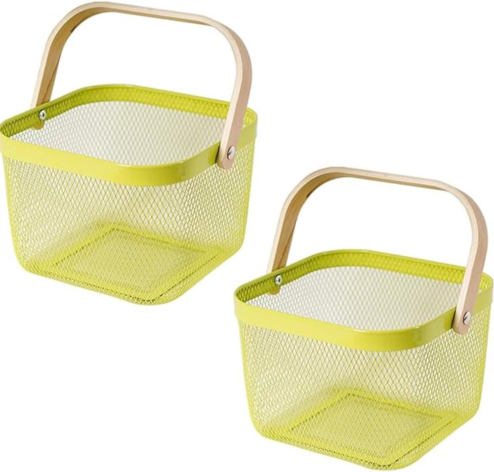 2 Pack Metal Mesh Steel Basket, Square Wire Basket with Handle Storage Organizer Basket, Garden Harvest Basket Fruit Basket for Kitchen Garden Picnic Collect Vegetables (Black)